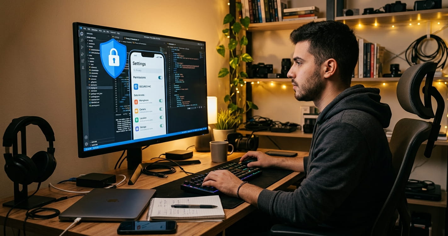 Desarrollador revisando los permisos y la privacidad de una app móvil en su escritorio