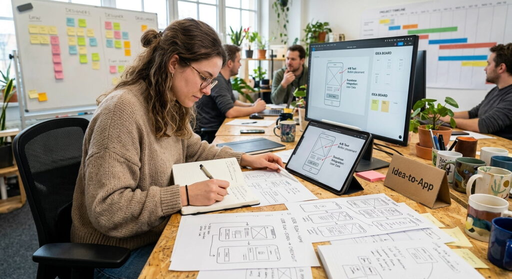 Desarrollador validando una idea de app con bocetos y wireframes