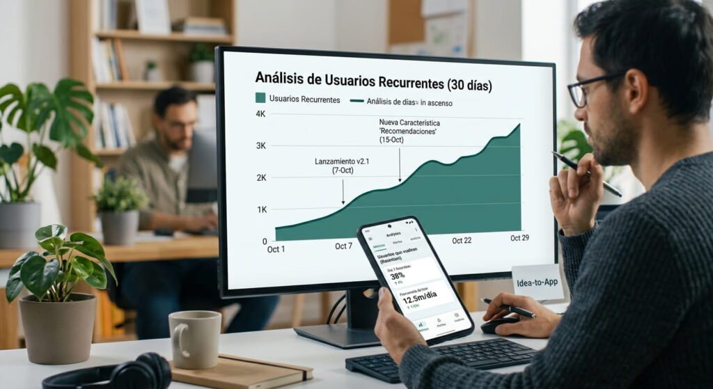 Gráfico de retención de usuarios de una app que vuelven, en el monitor de un desarrollador