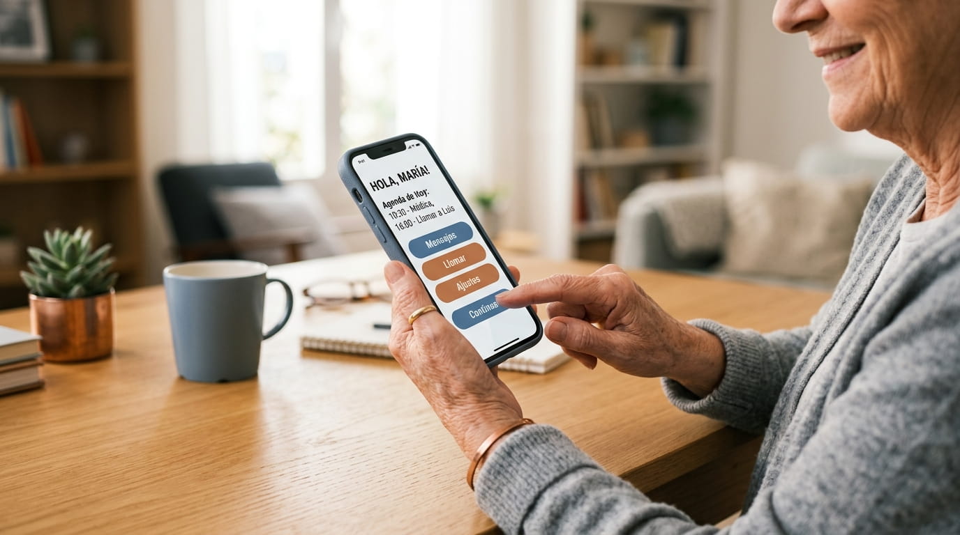 Persona mayor usando una app con texto grande y botones amplios accesibilidad en apps móviles para todos los usuarios