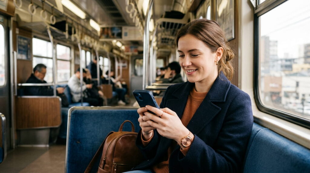 Persona usando una app sin cobertura en el metro app móvil que funciona sin conexión a internet