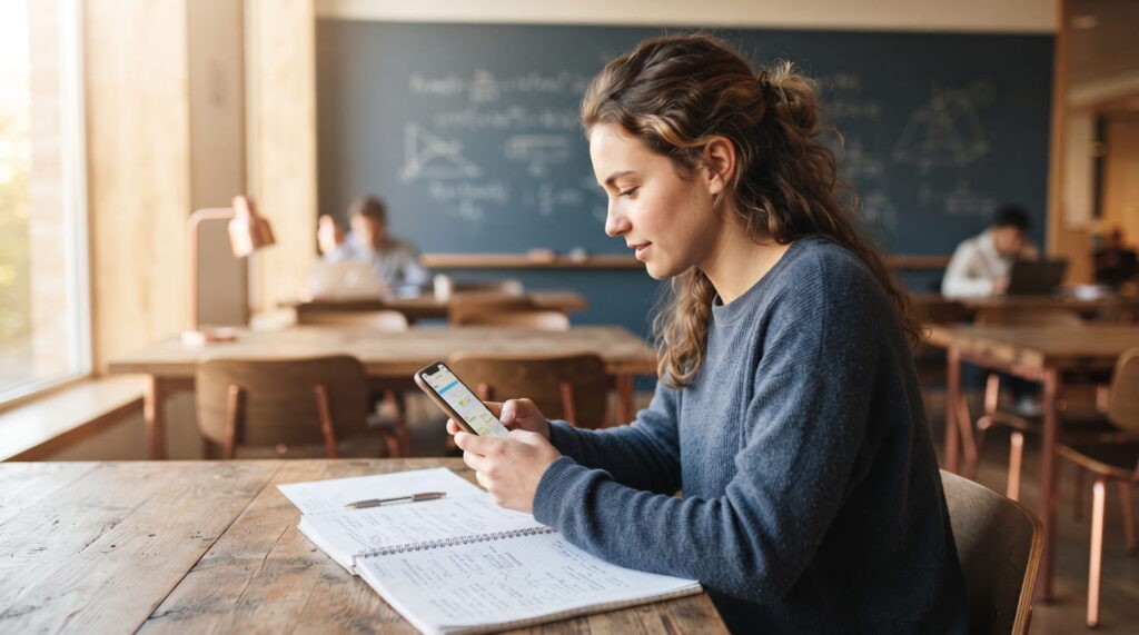 Alumna consultando horario y apuntes en el móvil app para academias y centros de formación
