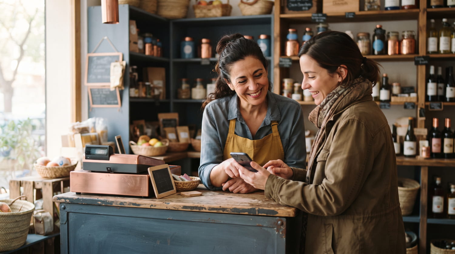 Clienta usando la app de su tienda de barrio app para comercio local y tiendas para fidelizar clientes