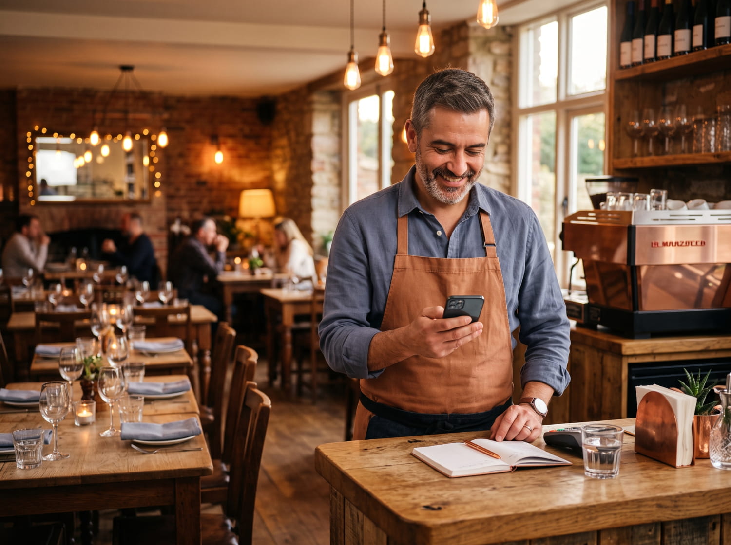 Dueño de restaurante gestionando reservas desde el móvil app para hostelería, bares y restaurantes