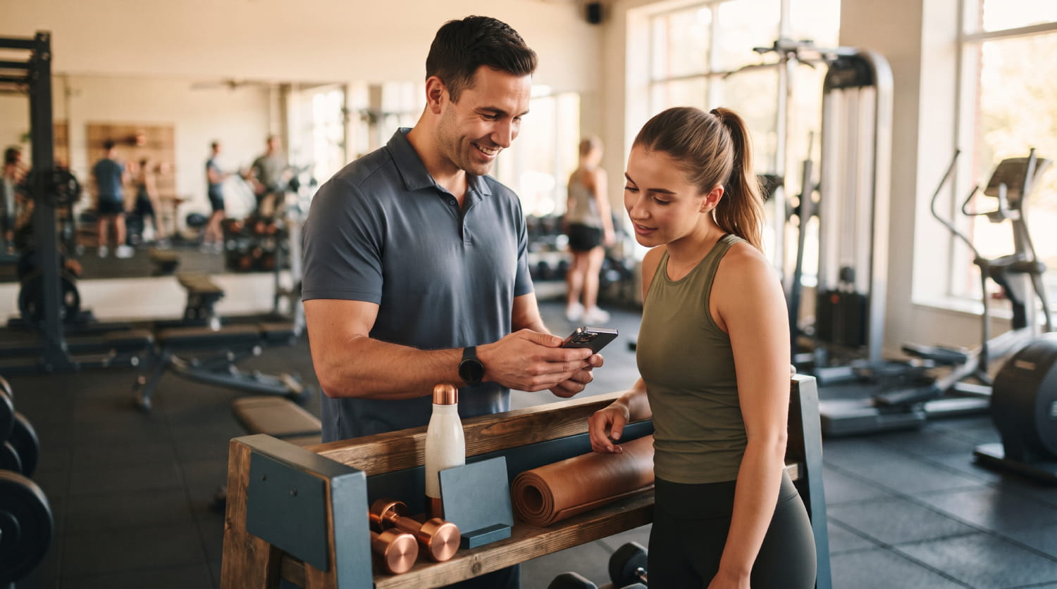 Entrenador mostrando una rutina en el móvil a su cliente app para gimnasios y entrenadores personales
