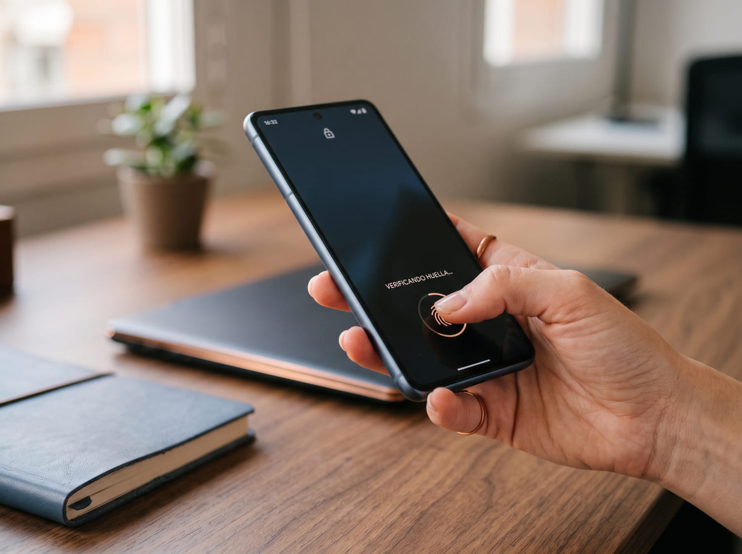 Móvil desbloqueado con huella dactilar seguridad y protección de datos de los usuarios en apps móviles
