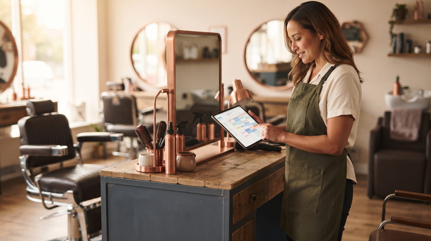 Peluquera revisando las citas en una tablet app para peluquerías y centros de estética con reserva de cita online