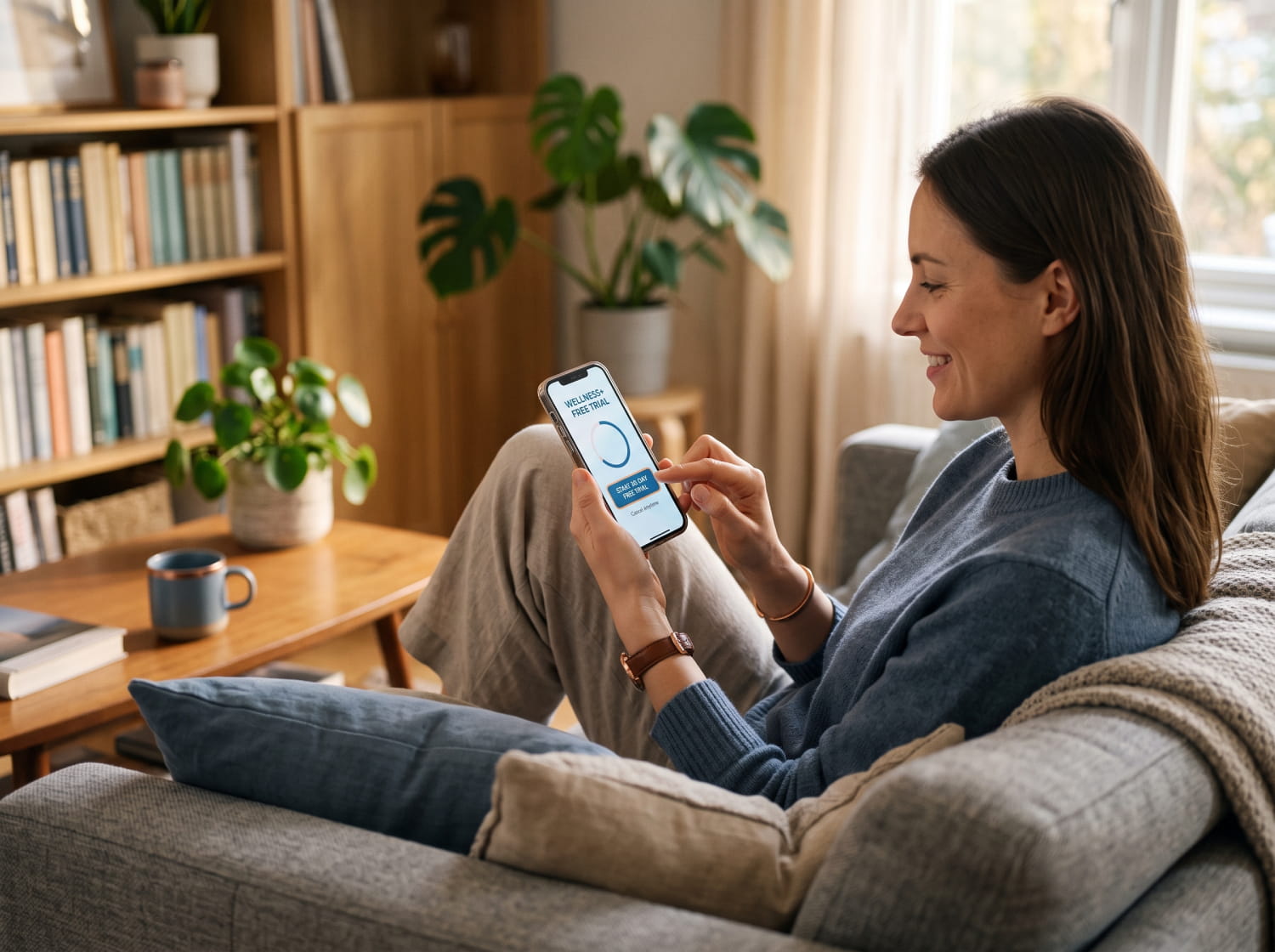 Persona activando una suscripción en una app desde el móvil modelos de suscripción y precio en apps